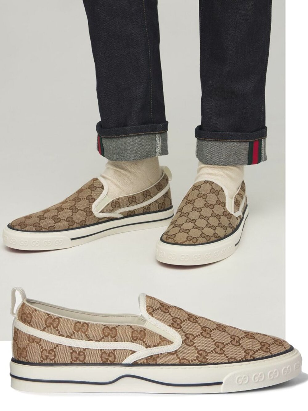 GUCCI SNEAKERS MENS TENNIS 1977 SLIP ON SHOES GG SUPREME LOGO sz 11.5 12 US